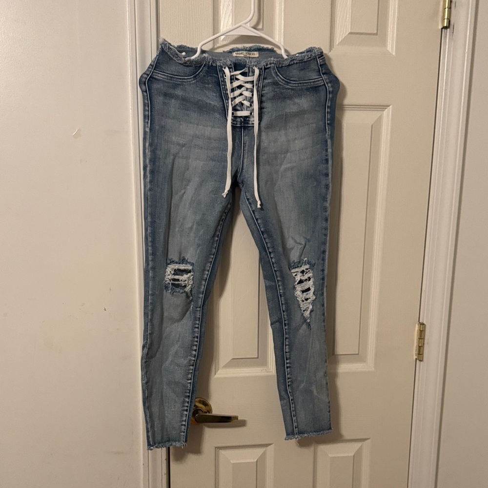Trendy Lace-Up Light Blue Women's Skinny Jeans